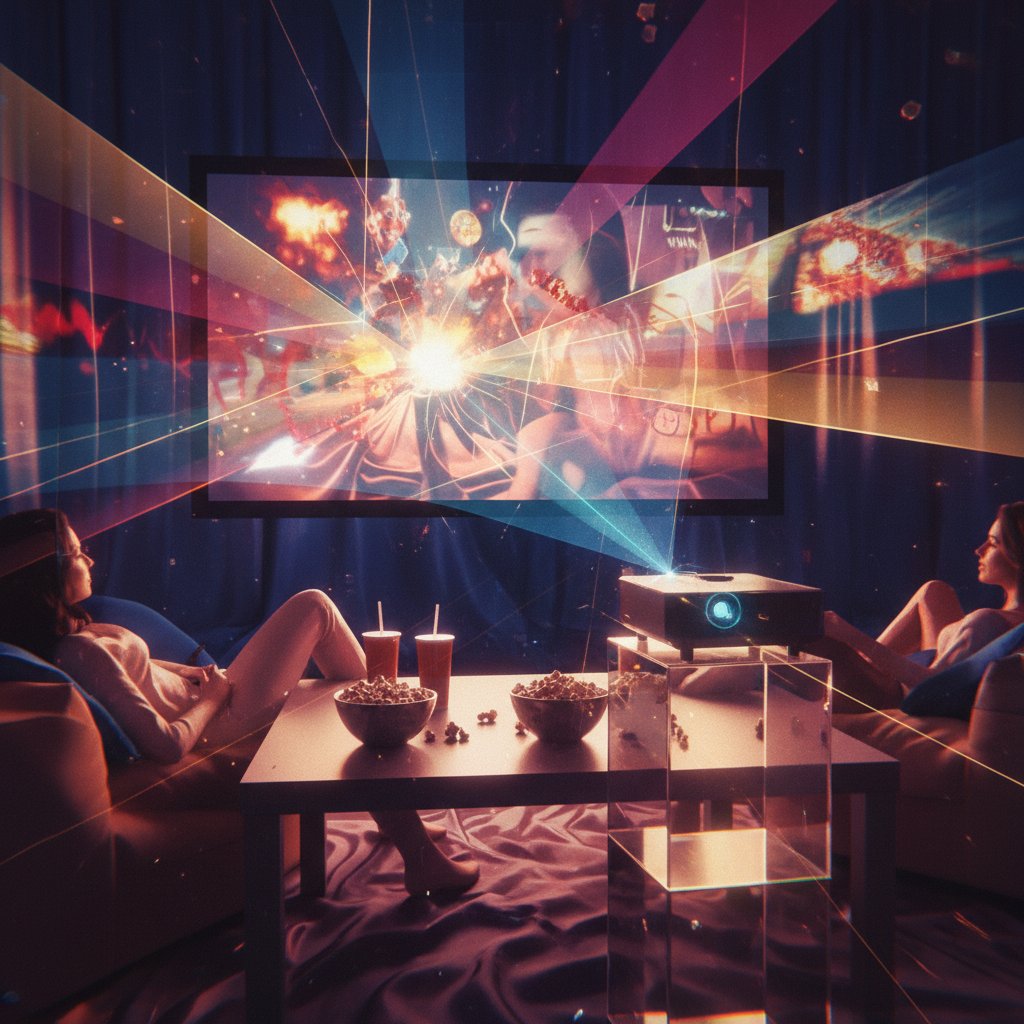 Mood board collage for abstract movie night: friends in dim lighting, surreal snacks, movie projector, edgy visuals