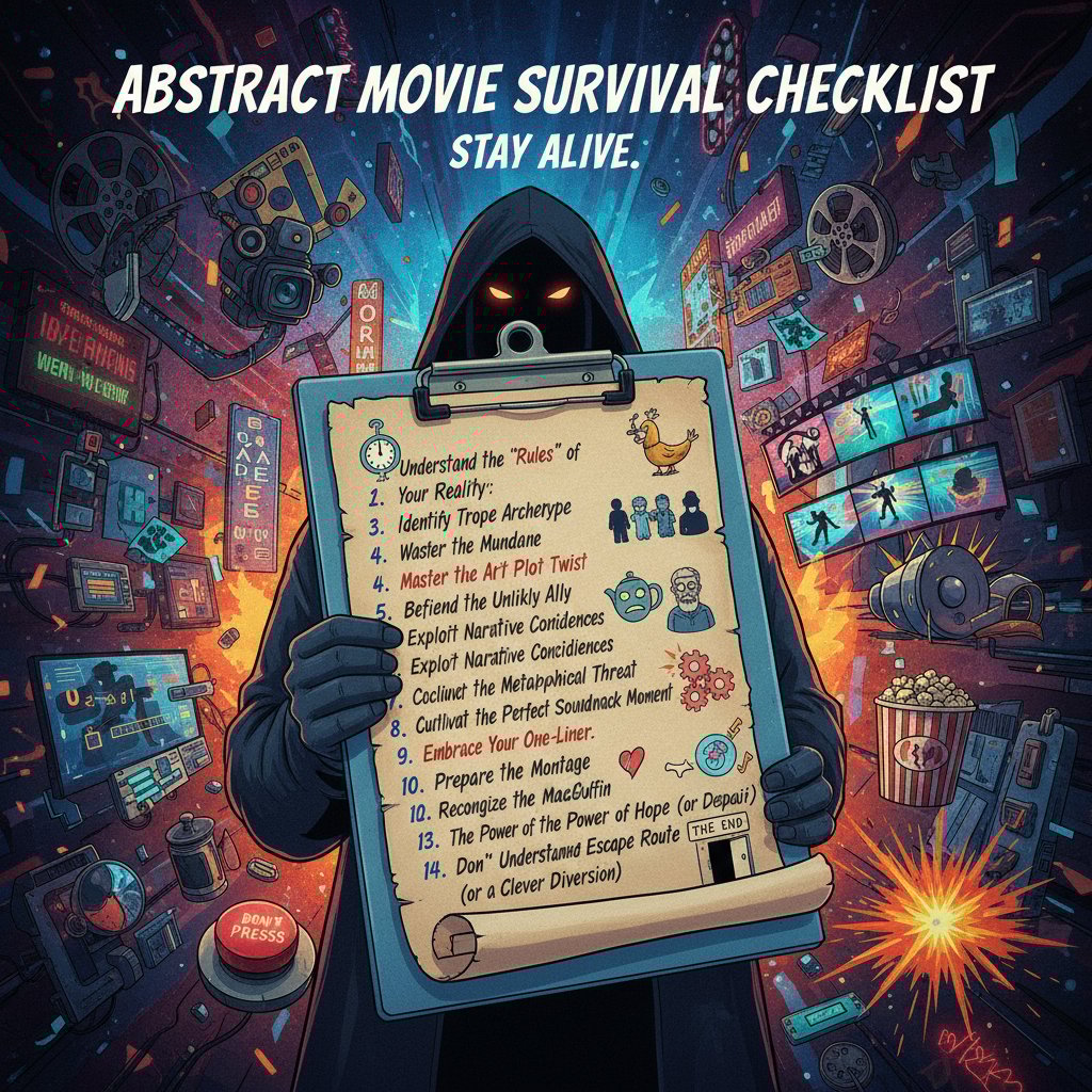 Checklist for surviving your first abstract movie, depicted as a photo of a notepad, pen, and surreal film props