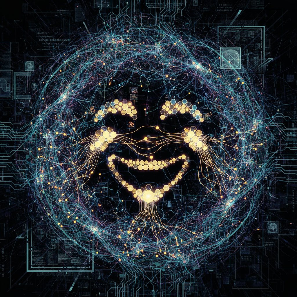 Sieć neuronowa AI zmieniająca się w śmiejącą się twarz