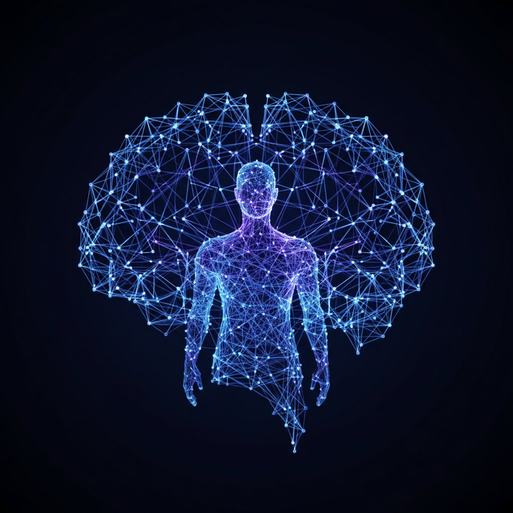 Schemat sieci neuronowej przypominający ludzką sylwetkę.