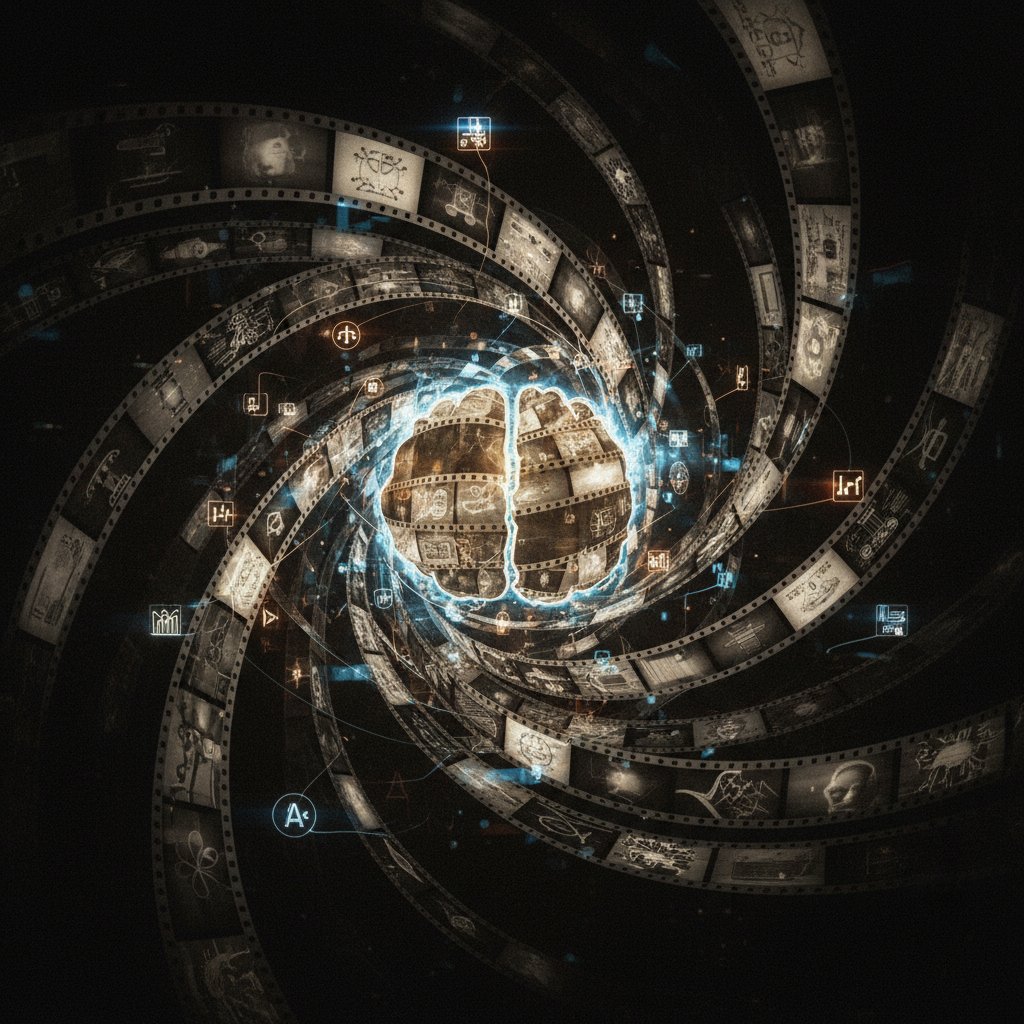 Abstract neural network blending with vintage film strips, symbolizing AI in movie transformation cinema