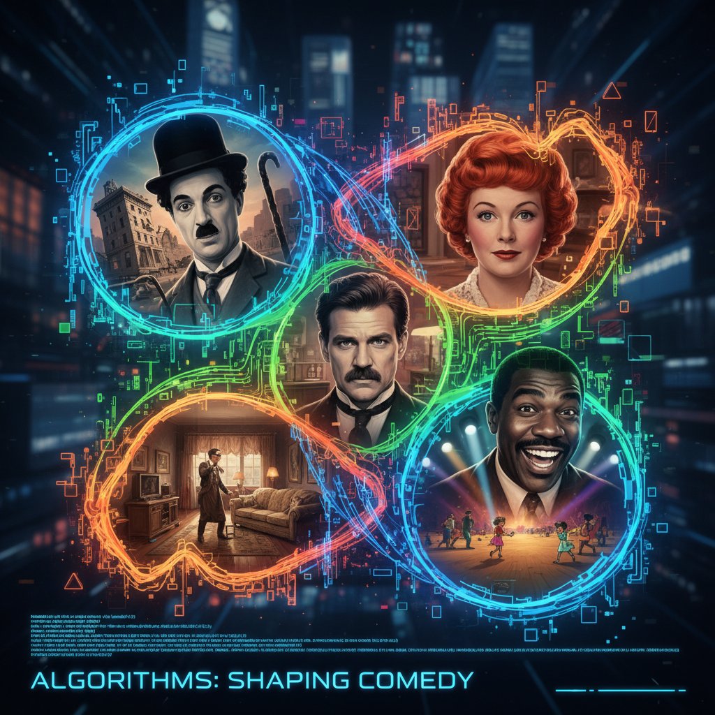 Visual metaphor of AI algorithms influencing comedy cinema