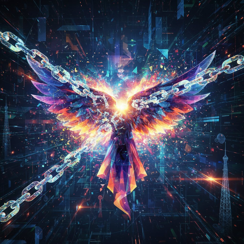 Cyfrowa wolność dzięki anonimowym rozmowom, abstrakcyjne cyfrowe łańcuchy pękające, rozmowa online bez rejestracji