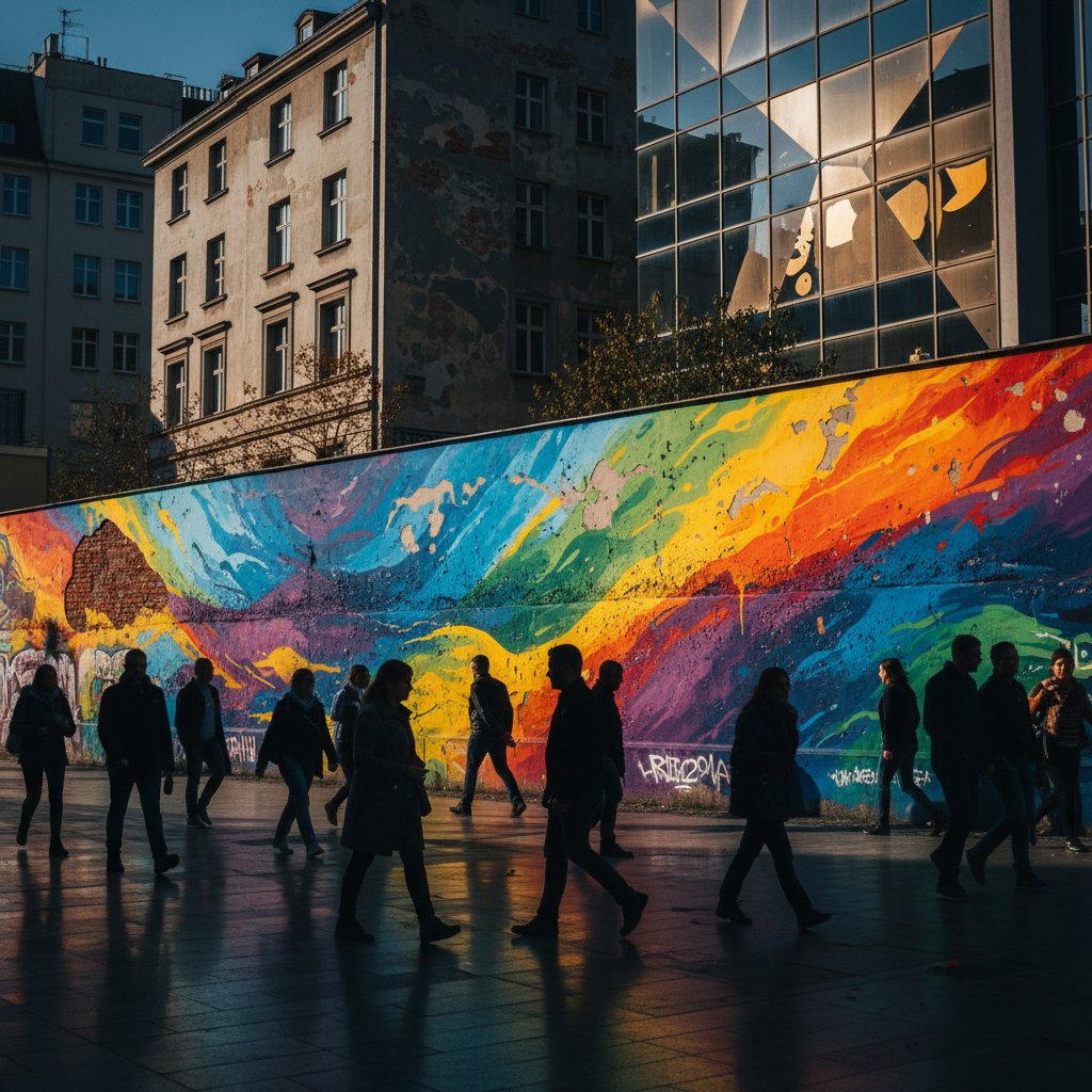 Spektrum autyzmu zilustrowane kolorową ścianą z sylwetkami ludzi, zróżnicowane objawy autyzmu, nowoczesne polskie miasto