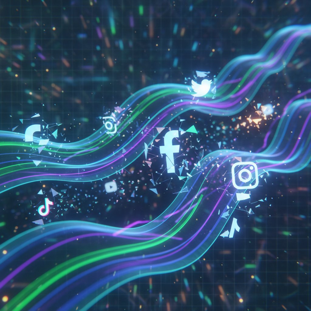 Abstrakcyjna wizualizacja algorytmicznych strumieni danych na ikonach platform społecznościowych, skuteczne treści społecznościowe