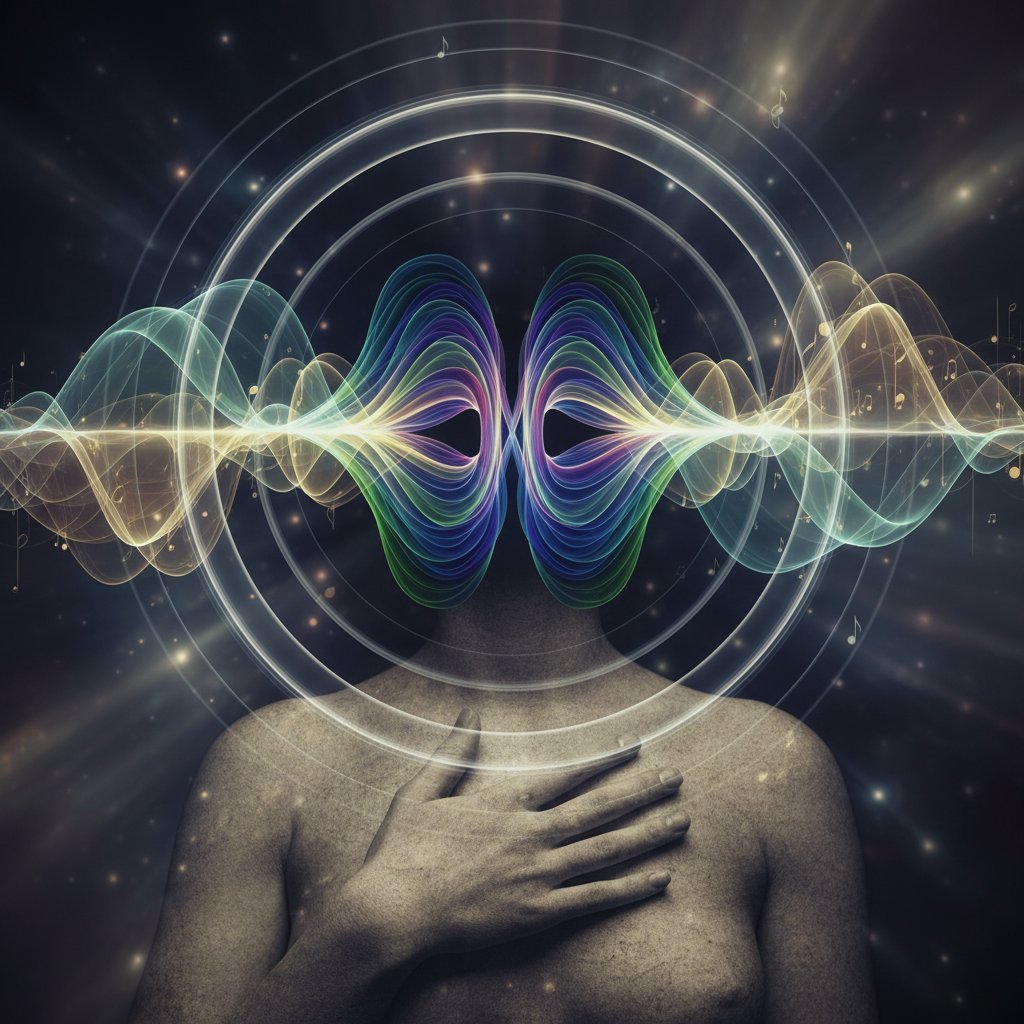 Ćwiczenia propriocepcji wokalnej online – wokalistka koncentruje się na odczuciach dźwięku w ciele