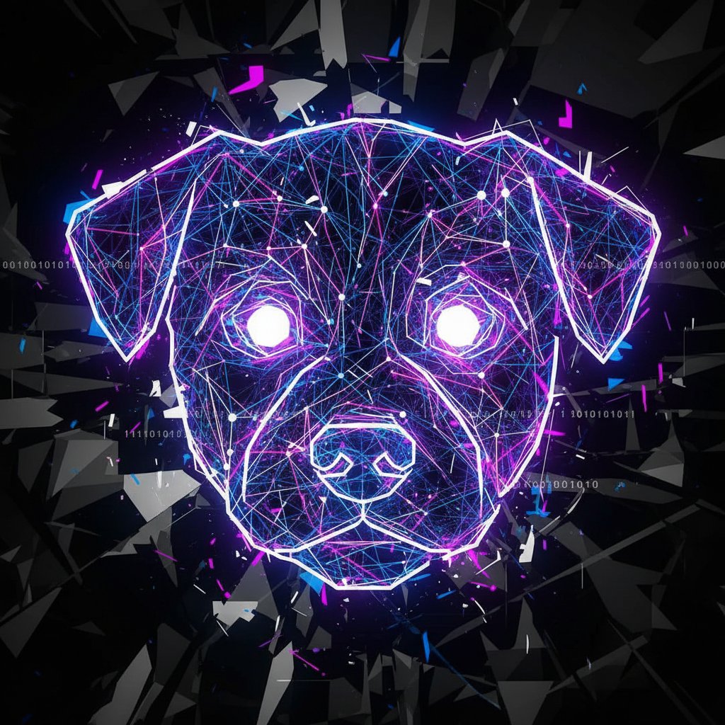 Sztuczna inteligencja i pies – abstrakcyjna sieć neuronowa na twarzy szczeniaka, kontrastowe światło