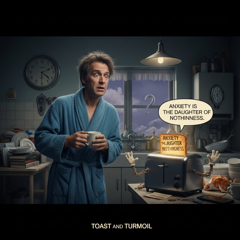 Character entangled in absurd existential scenario, existential comedy scene