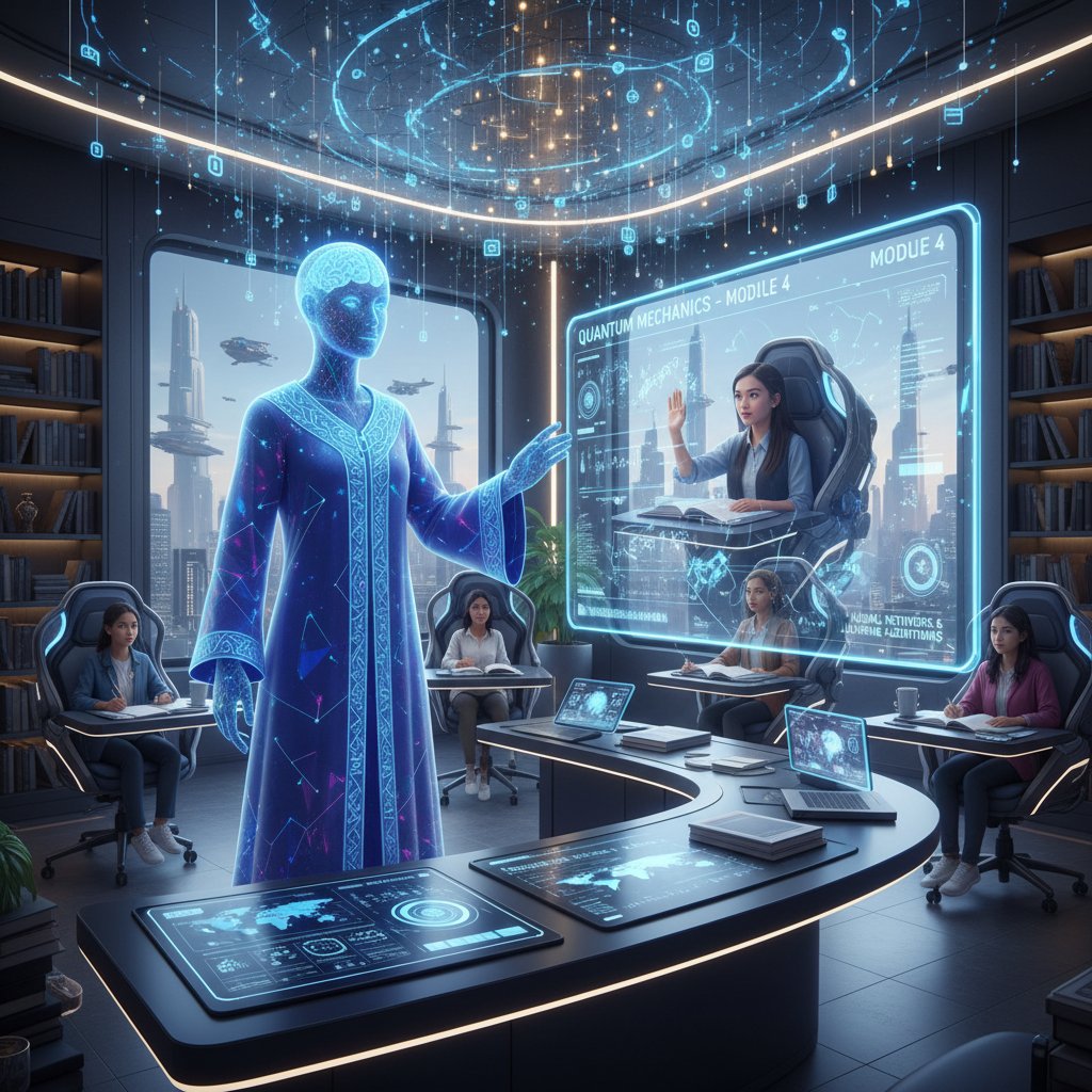 Academic working alongside AI assistant, futuristic scenario, online academic coaching with artificial intelligence