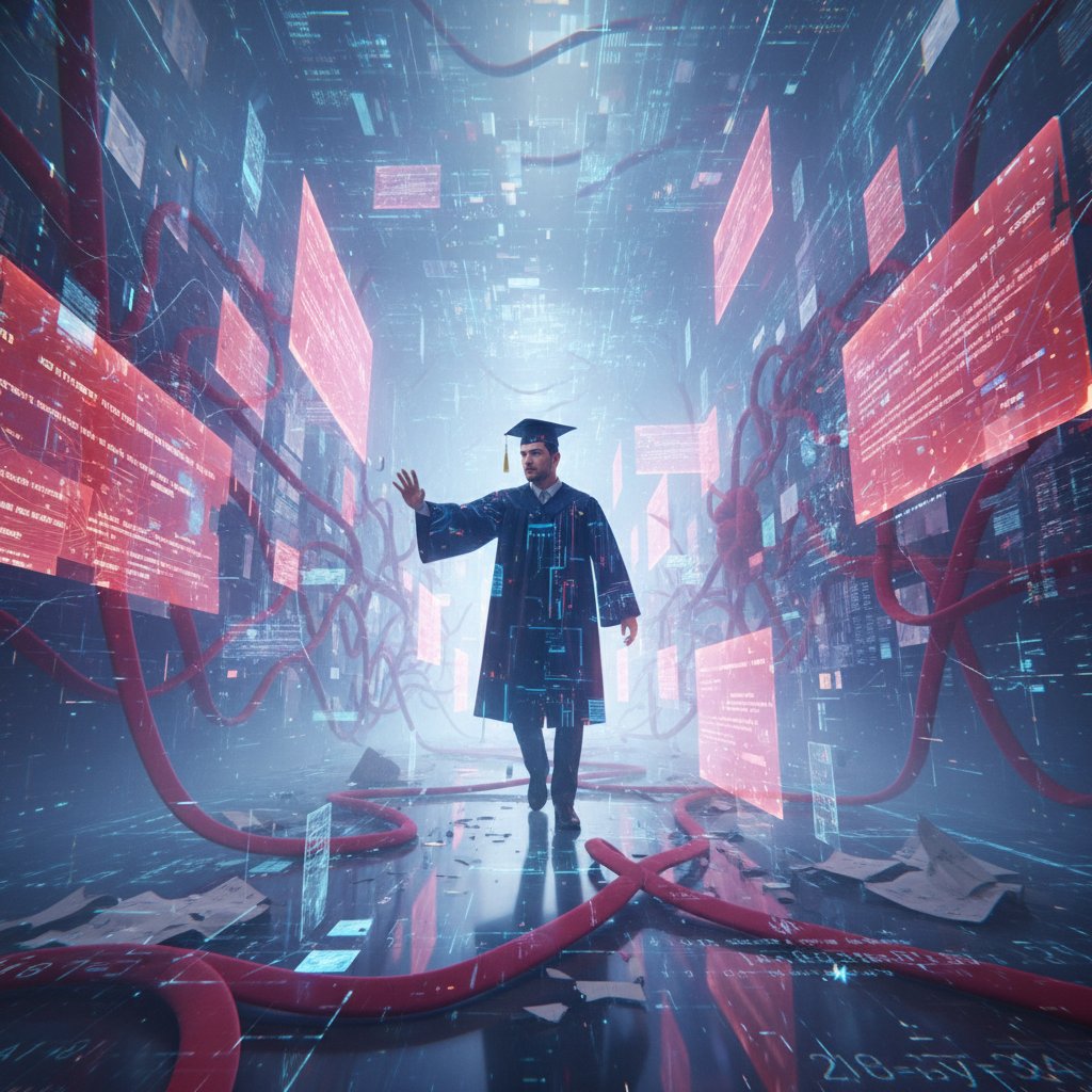 Academic figure navigating online obstacles, symbolizing common networking mistakes.