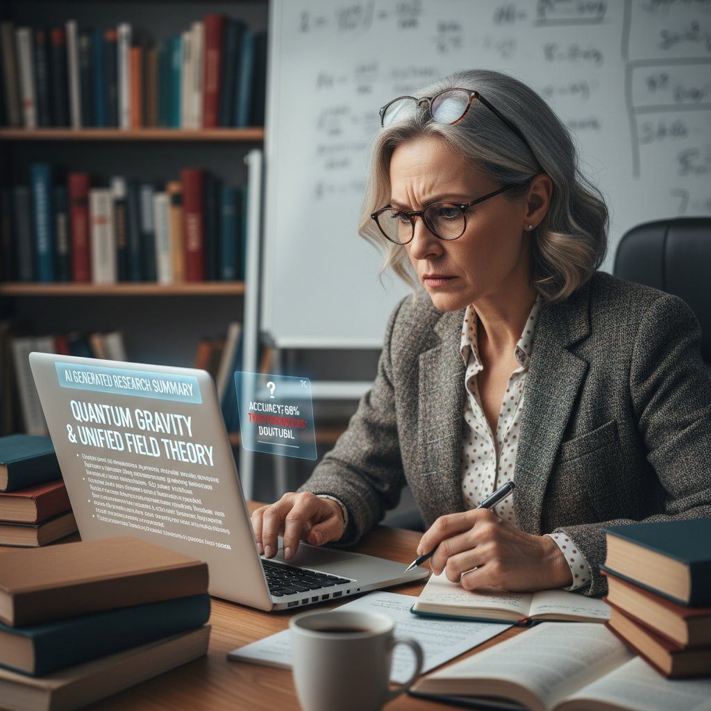 An academic staring skeptically at a laptop screen displaying an AI-generated summary, questioning its accuracy and trustworthiness