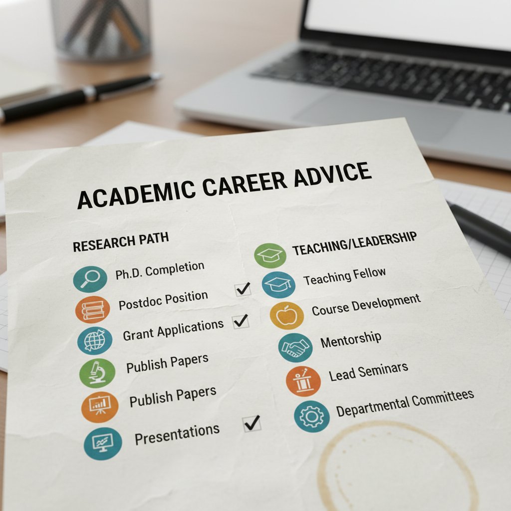 Academic career advice implementation checklist, close-up of checklist and academic icons