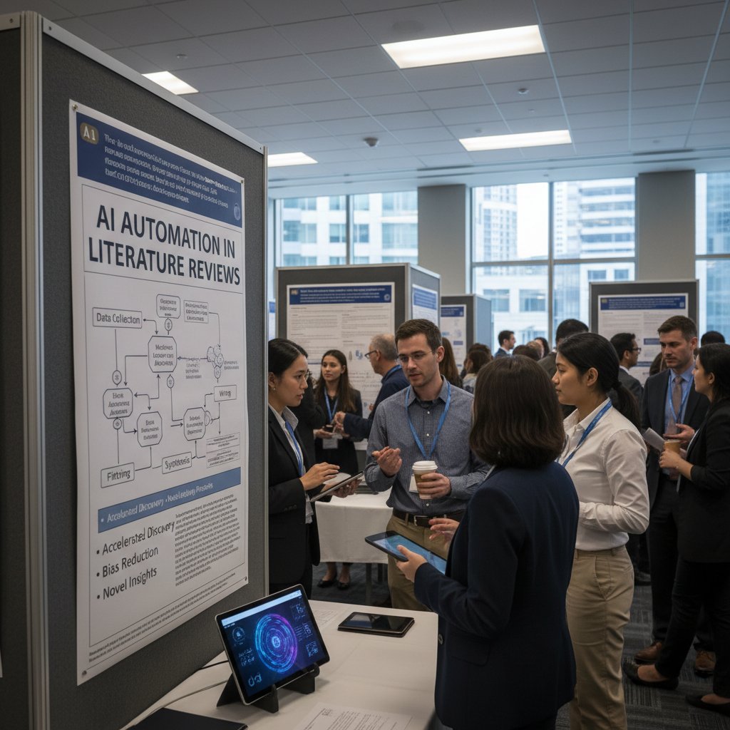 Academic conference scene, researchers discussing AI automation in literature reviews, generational divide