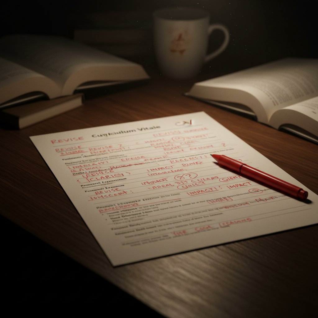 Academic CV with edits and feedback, featuring red pen annotations and moody lighting