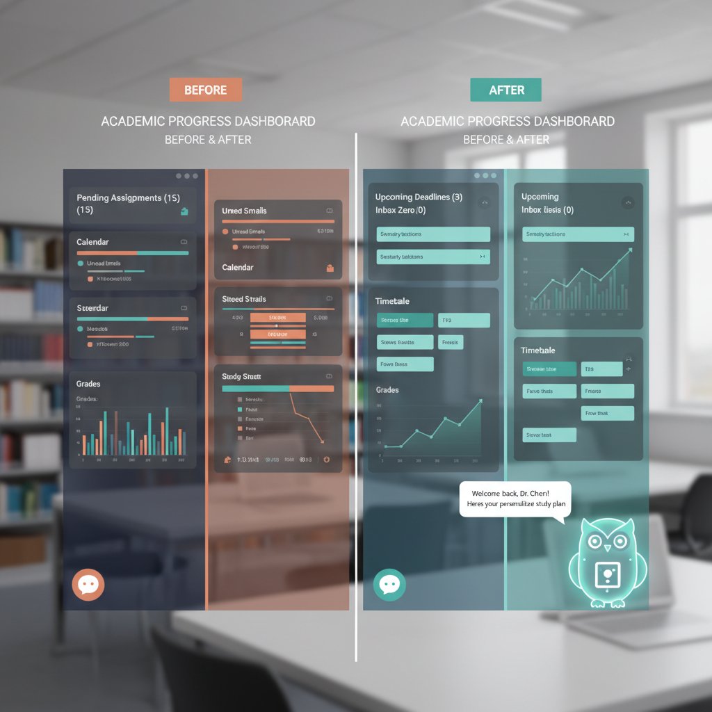Researcher’s digital dashboard before and after implementation, academic dashboard showing organized vs. chaotic state