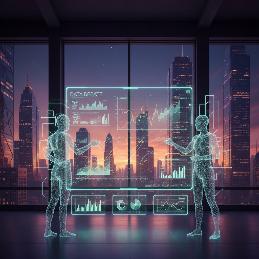 Researchers debating a controversial data interpretation in a dramatic setting, academic data interpretation software