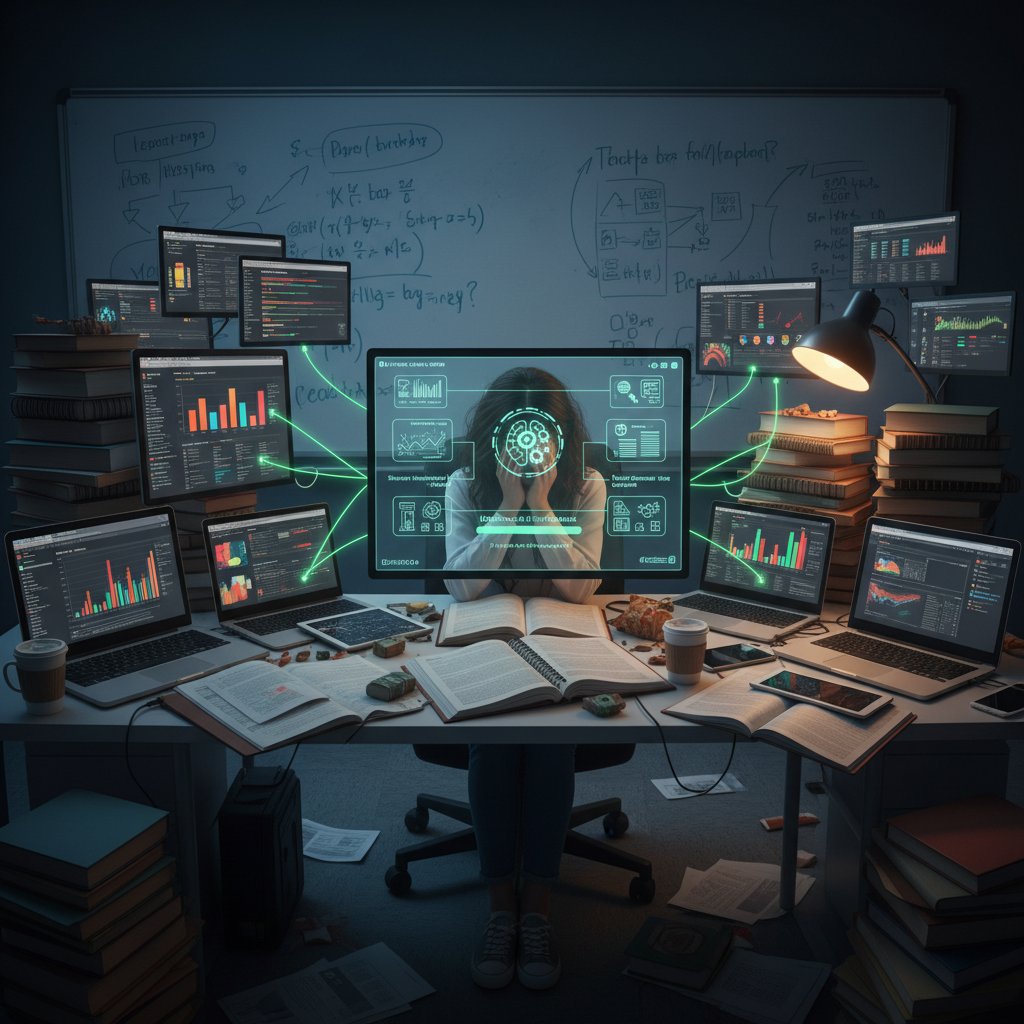 Academic data overload with doctoral research efficiency software, tangled notes and post-its