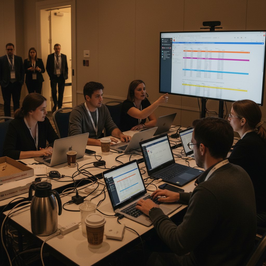 Diverse academic event team coordinating logistics with digital tools and feeling the intensity of a live conference