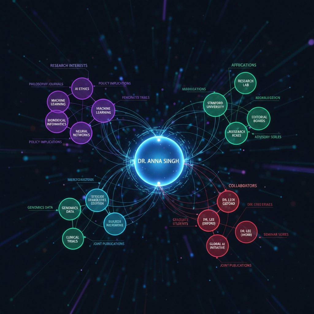 Researcher building digital academic identity, updating online profile, network map in background