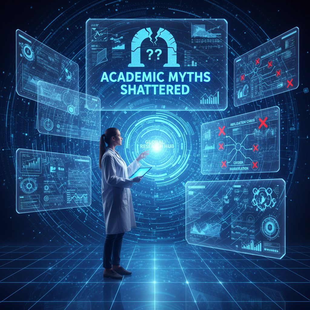 Academic 'myths' being shattered like glass by a bold researcher. Breaking common myths about academic research databases.