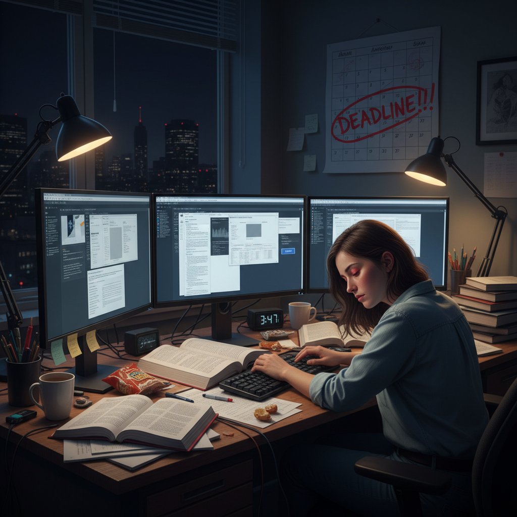 Academic newsletter editor struggling with deadline fatigue, surrounded by papers and screens, late night, tension visible