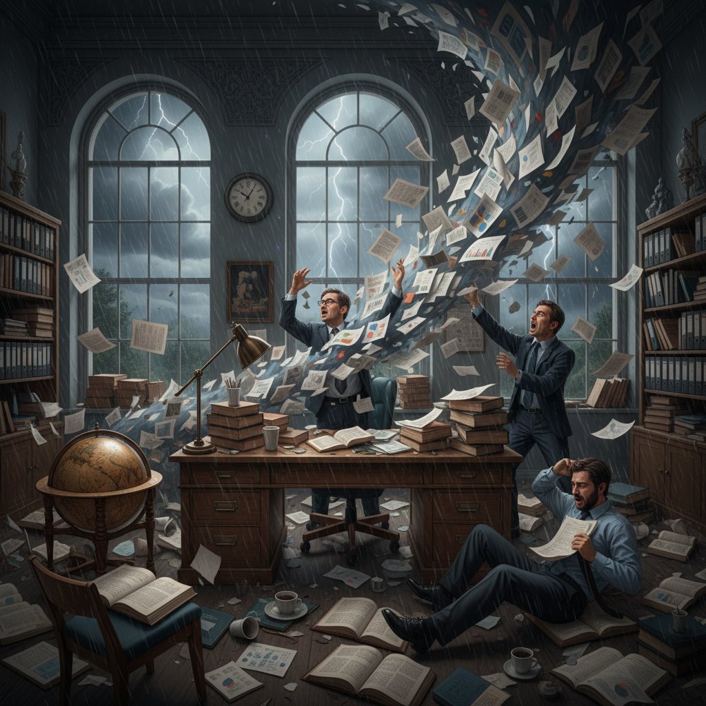 Scattered academic documents flying out a window in a stormy office, symbolizing catastrophic data loss and disorganization