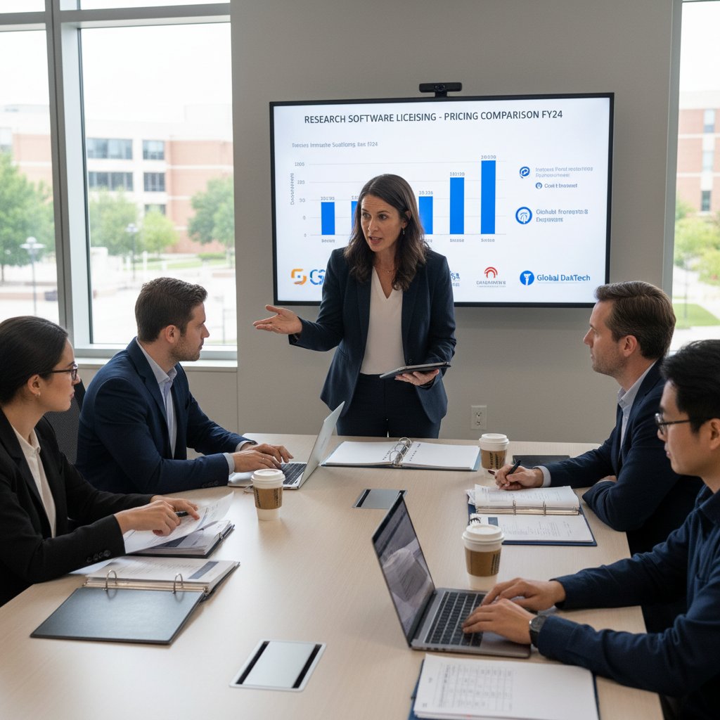 Photo of an academic procurement team in a dynamic negotiation setting, negotiating research software pricing