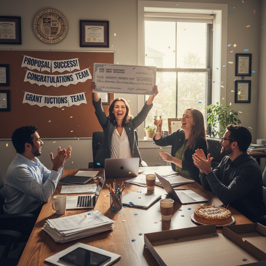 Excited academic celebrating grant win in a university office, surrounded by technology