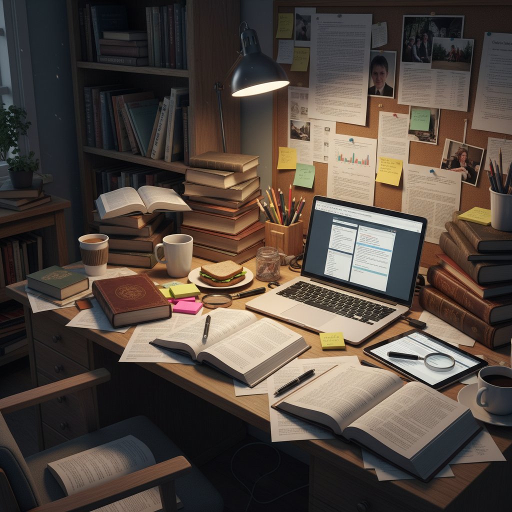 Realistic photo of a cluttered desk with scattered academic research articles, annotations, coffee mug, and magnifying glass shadow, symbolizing intense document analysis