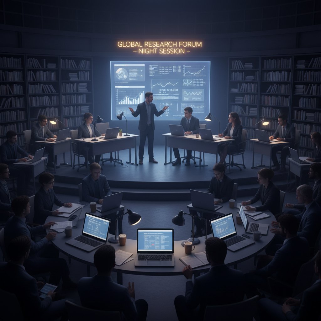 Intense online debate about academic research careers, multiple researchers focused on screens in dark room