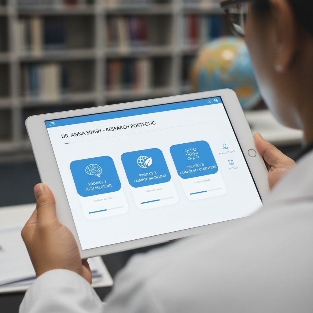 Academic research assistant digital portfolio website mockup with diverse research projects and credentials