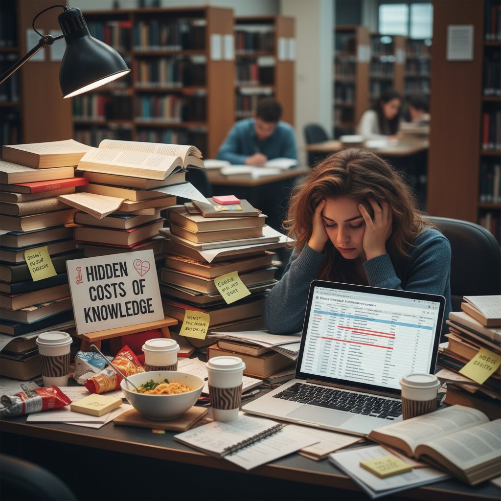 Photo of a person at a cluttered desk, appearing overwhelmed, representing hidden costs in academic research assistant hourly rates