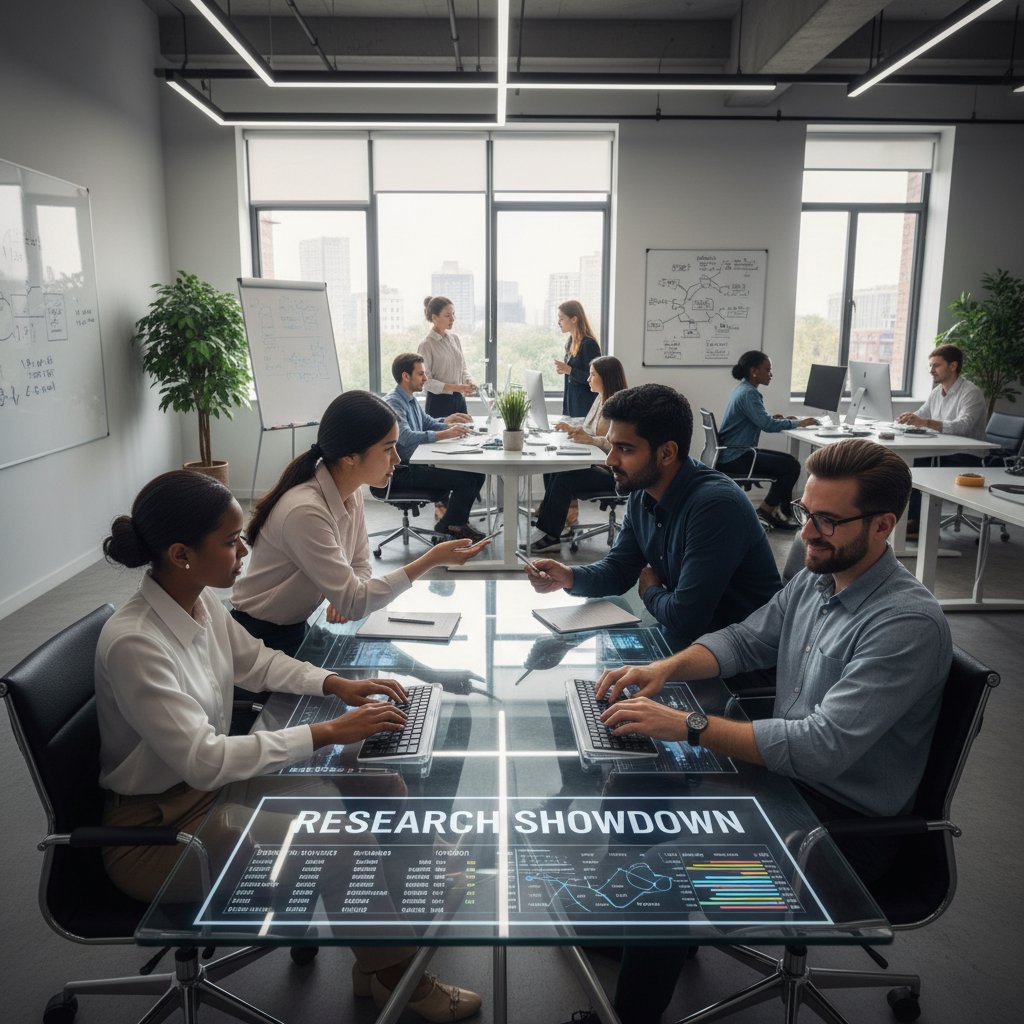 Young professionals in a modern academic office, diverse group collaborating on research with laptops and papers, highlighting competition and opportunity