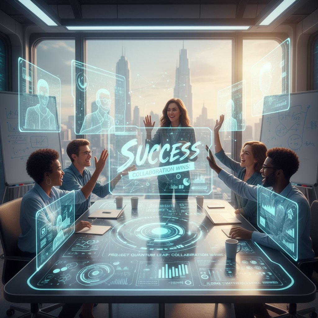 A research team celebrating in a virtual meeting, visible documents and clear role assignments on screen