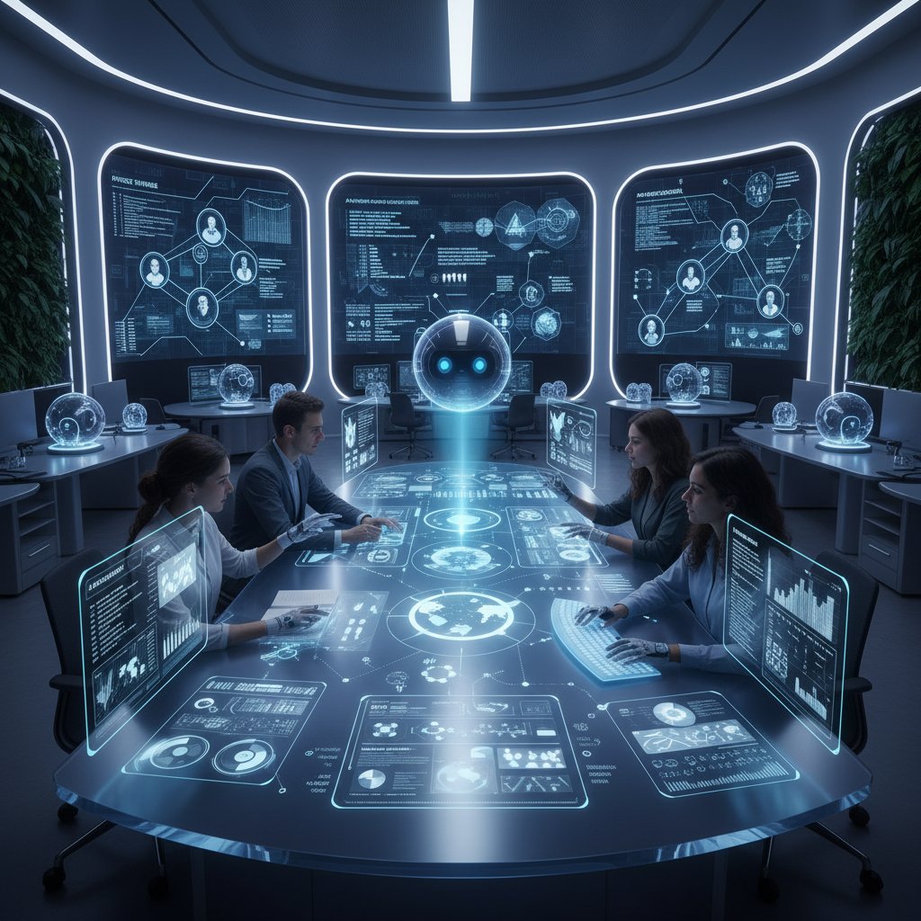 Academic team using integrated research tools in a collaborative environment, blending AI and human expertise