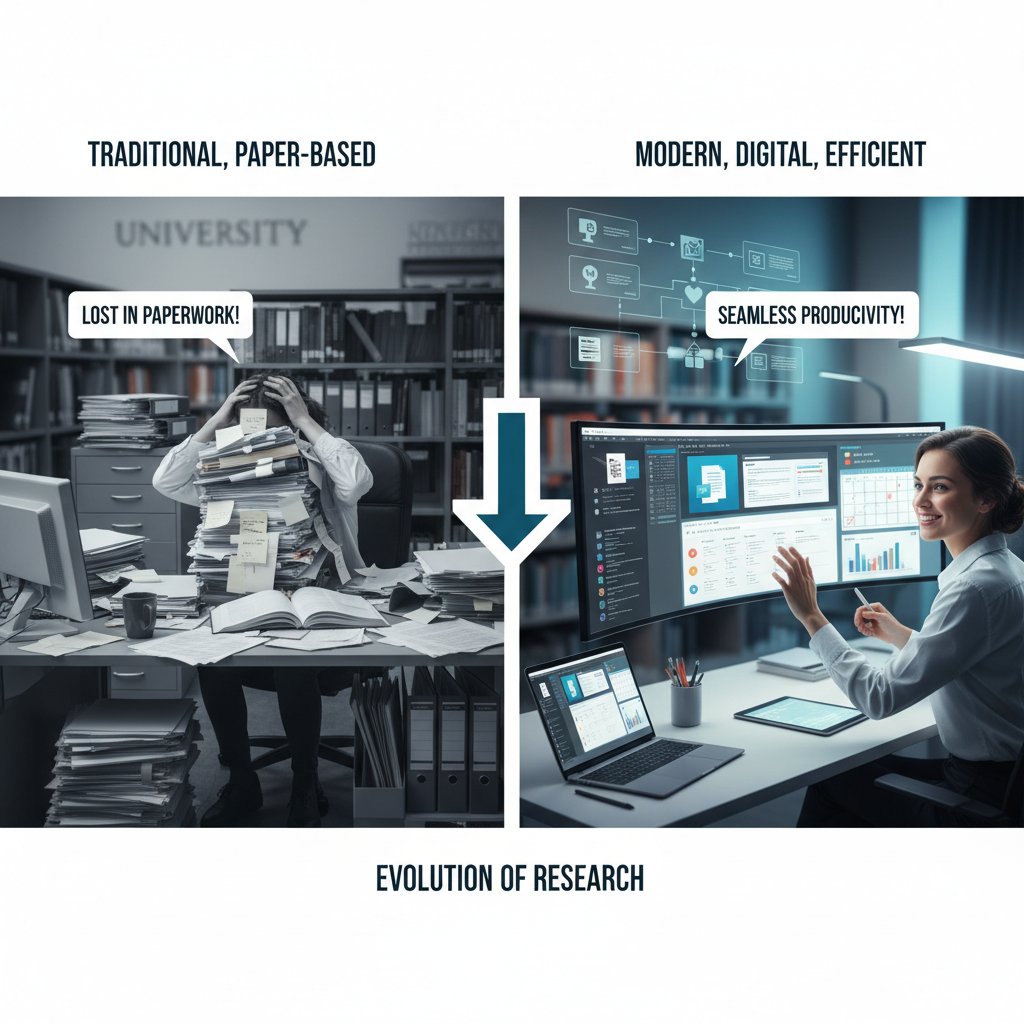 A researcher working efficiently with digital tools versus overwhelmed with paperwork—academic research workflow comparison