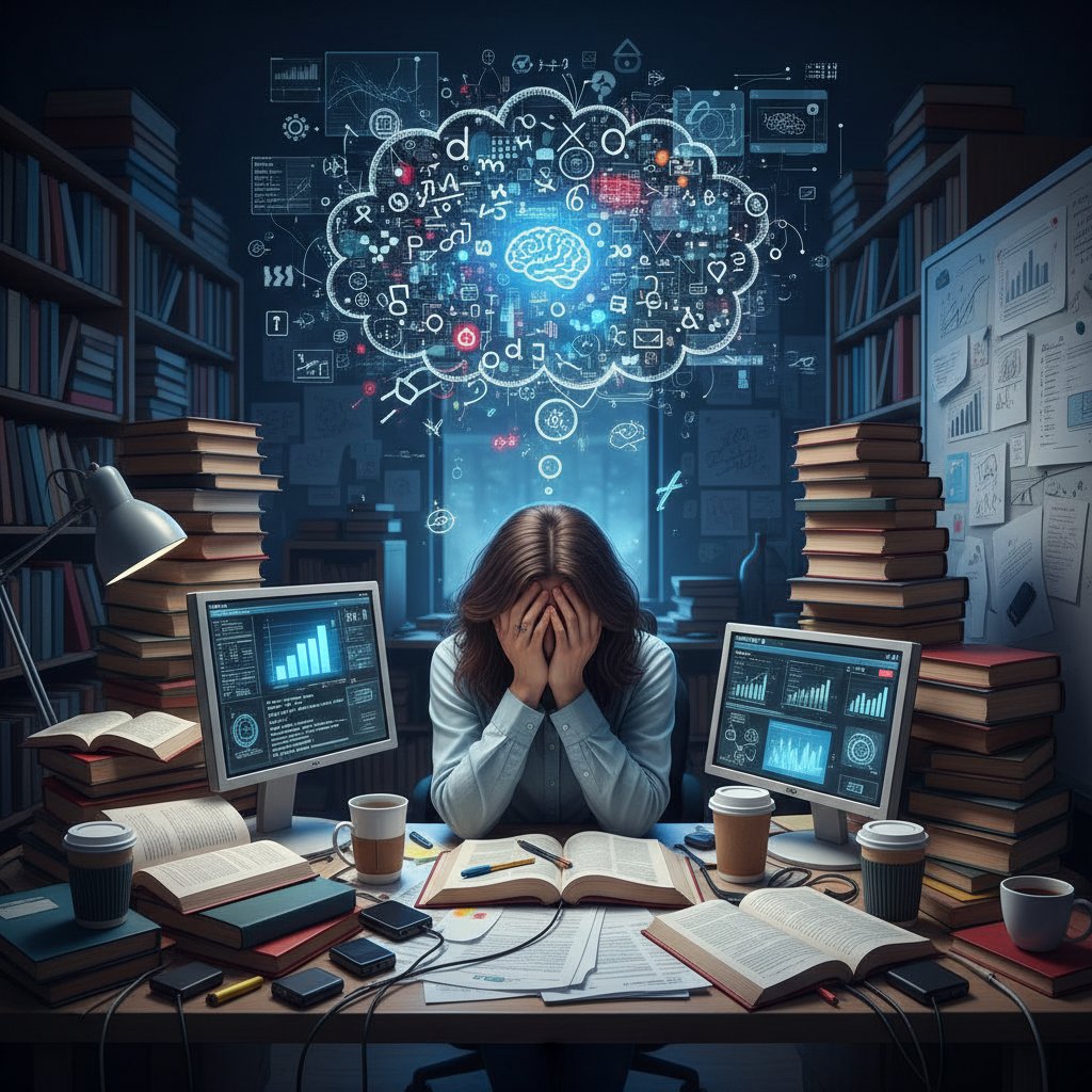 Academic researcher overwhelmed by digital and print information overload, surrounded by paper stacks and notifications