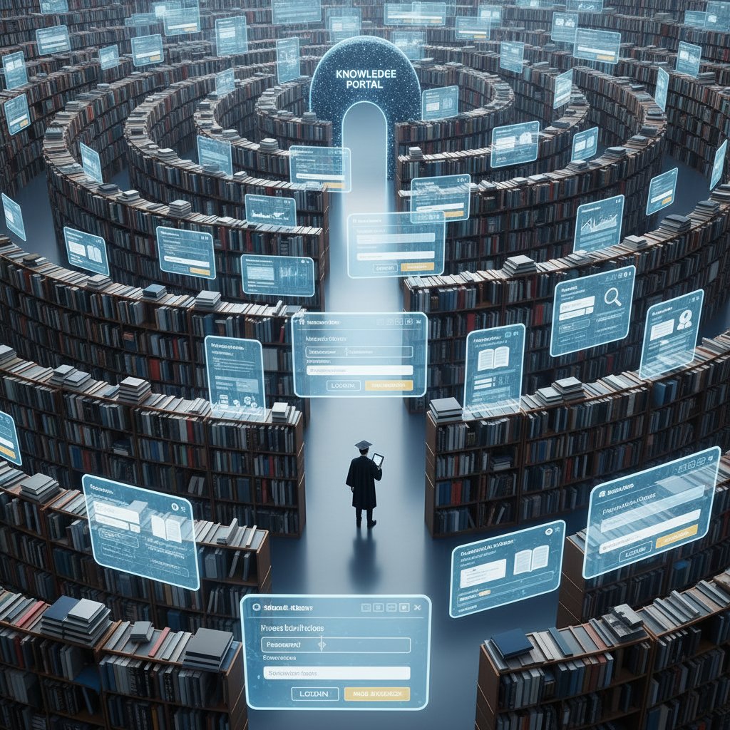 Confusing academic search maze made of books and login screens in an abstract digital environment