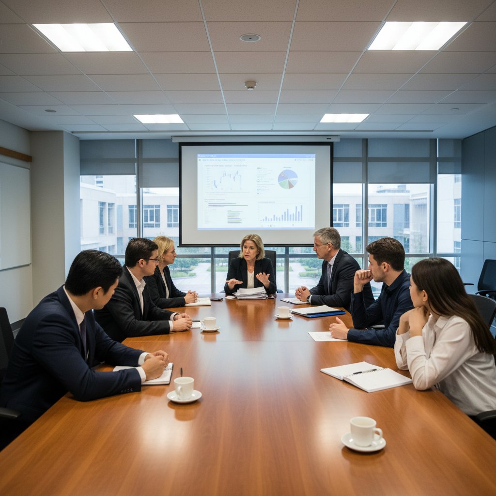 Academic staff and research assistants in a tense meeting, power dynamics visible, research assistant, faculty meeting, academic, tense atmosphere