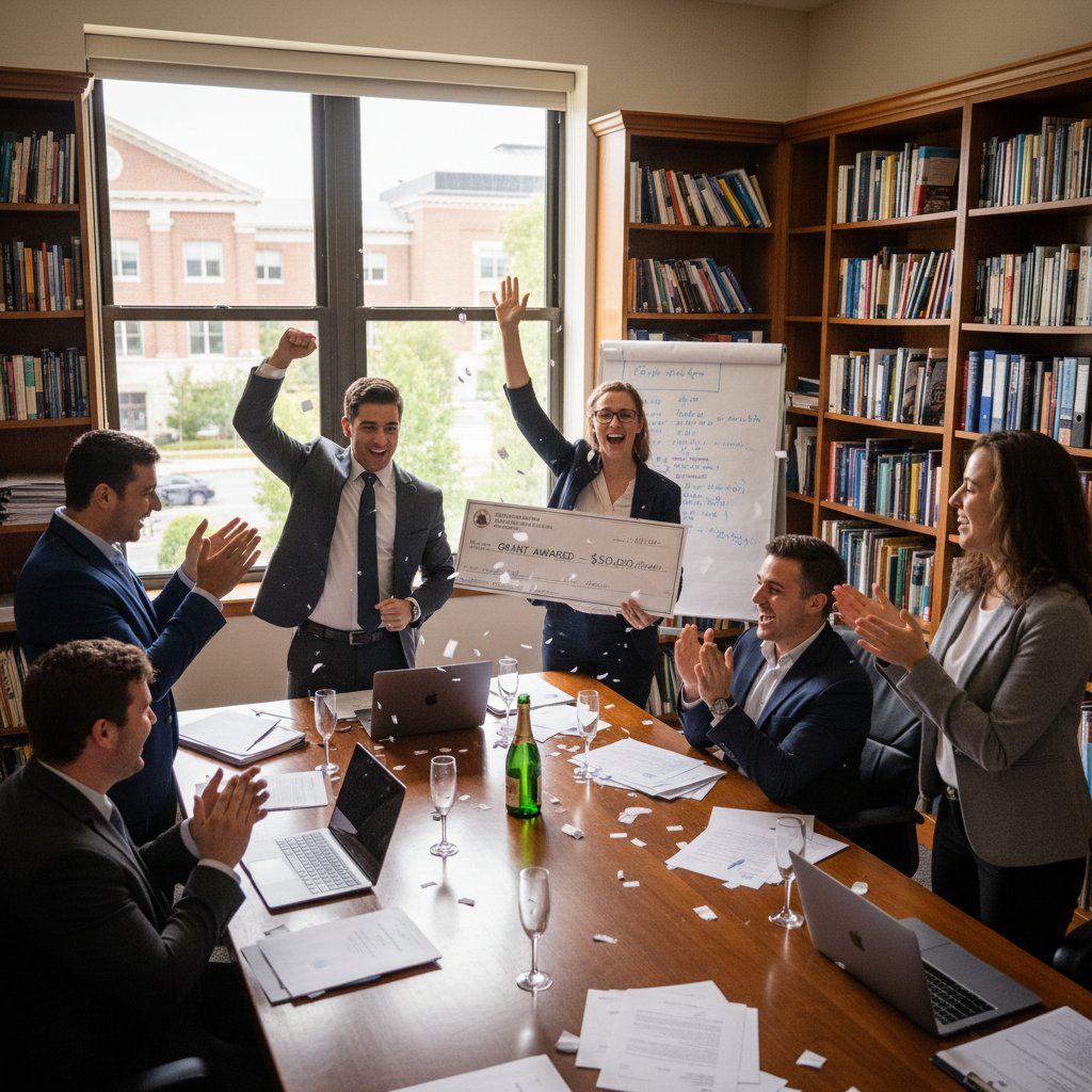Academic team celebrating successful grant results in university office, with laptops open and researchers relieved and excited