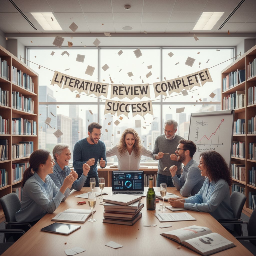 Diverse academic team celebrating successful, efficient literature review