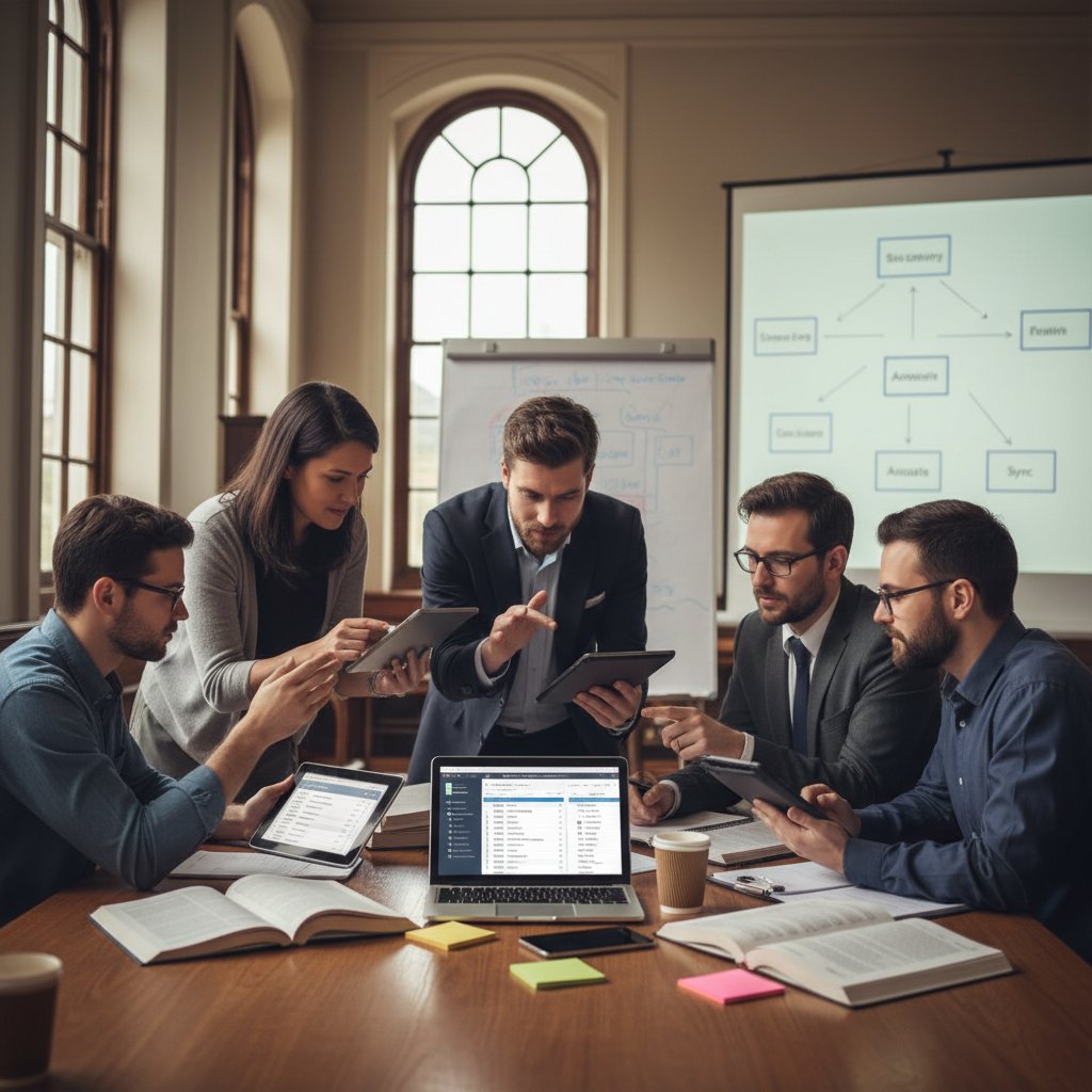 Academic team using collaborative citation management, candid photo of group around digital devices discussing references
