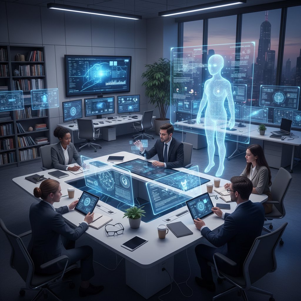 Diverse academic team in collaborative workspace, digital tools and virtual assistant facilitating teamwork