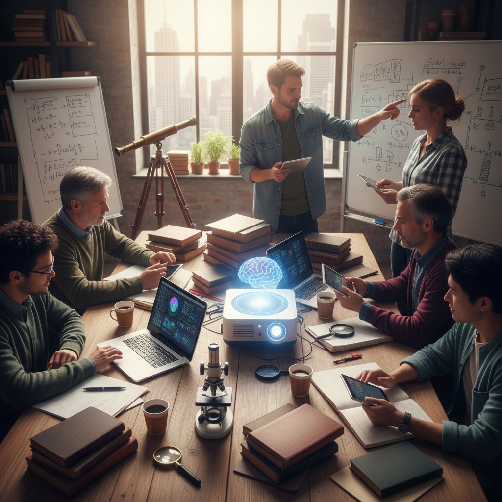 Academic team using mixed digital and analog research tools, generational divide visible