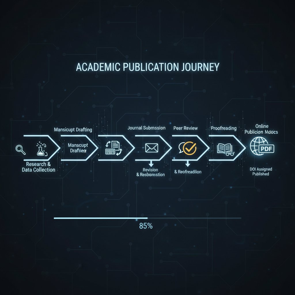 Infographic showing academic publication process with online support steps, academic workflow, manuscript to publication, online academic publication support