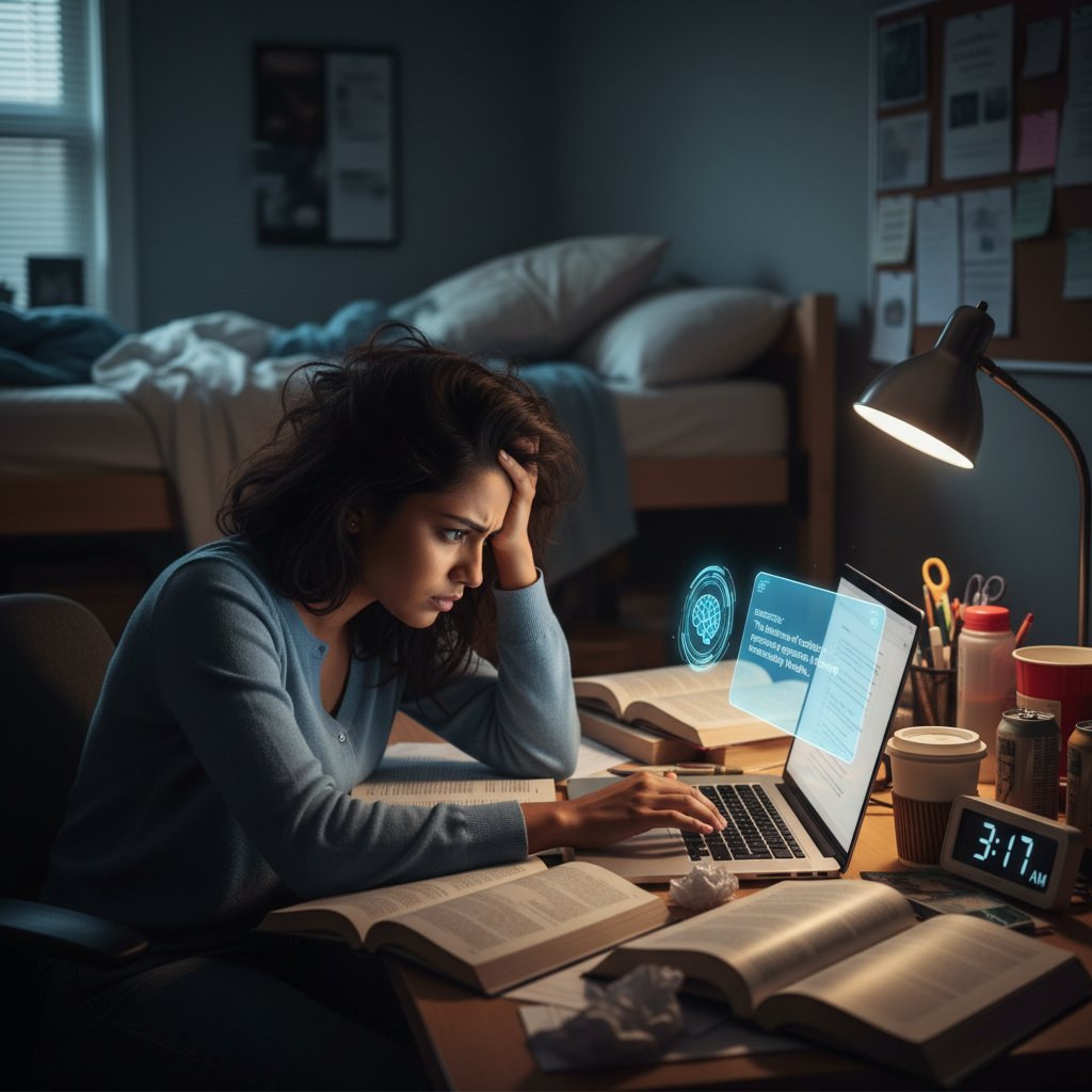 Late-night academic desk scene with stressed student and AI assistant, symbolizing academic writing pressure