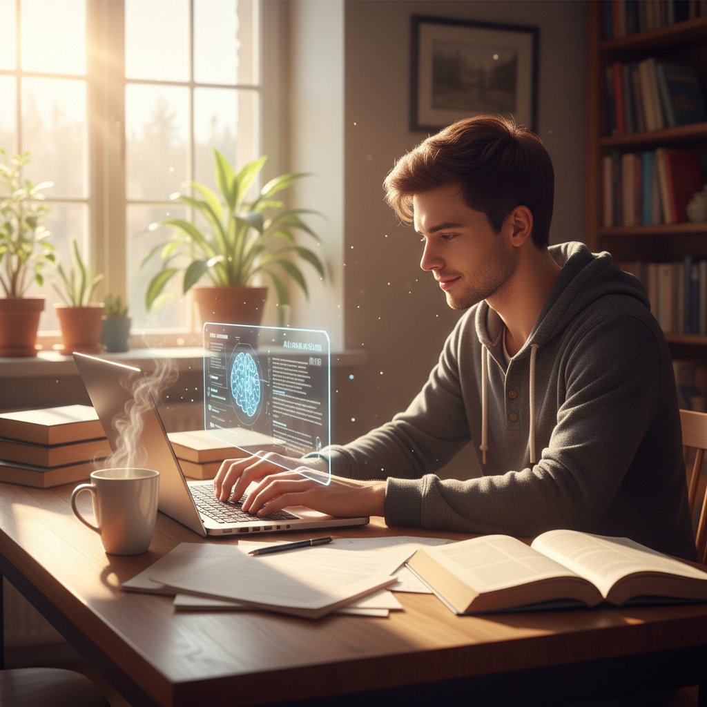 Student in morning light using AI assistant for academic writing on laptop, coffee cup nearby