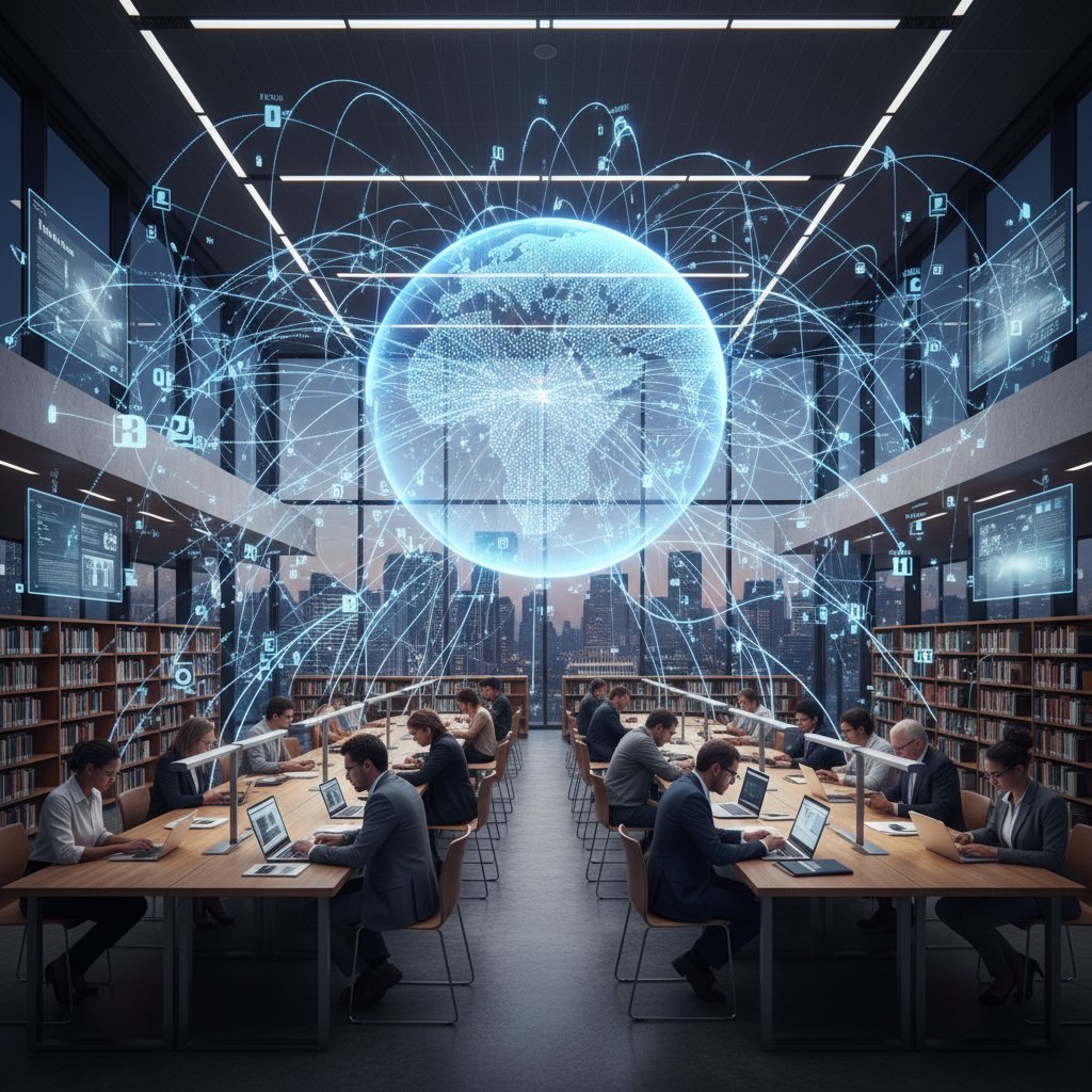 Academics networking globally through digital platforms, symbolic of 21st-century connections.