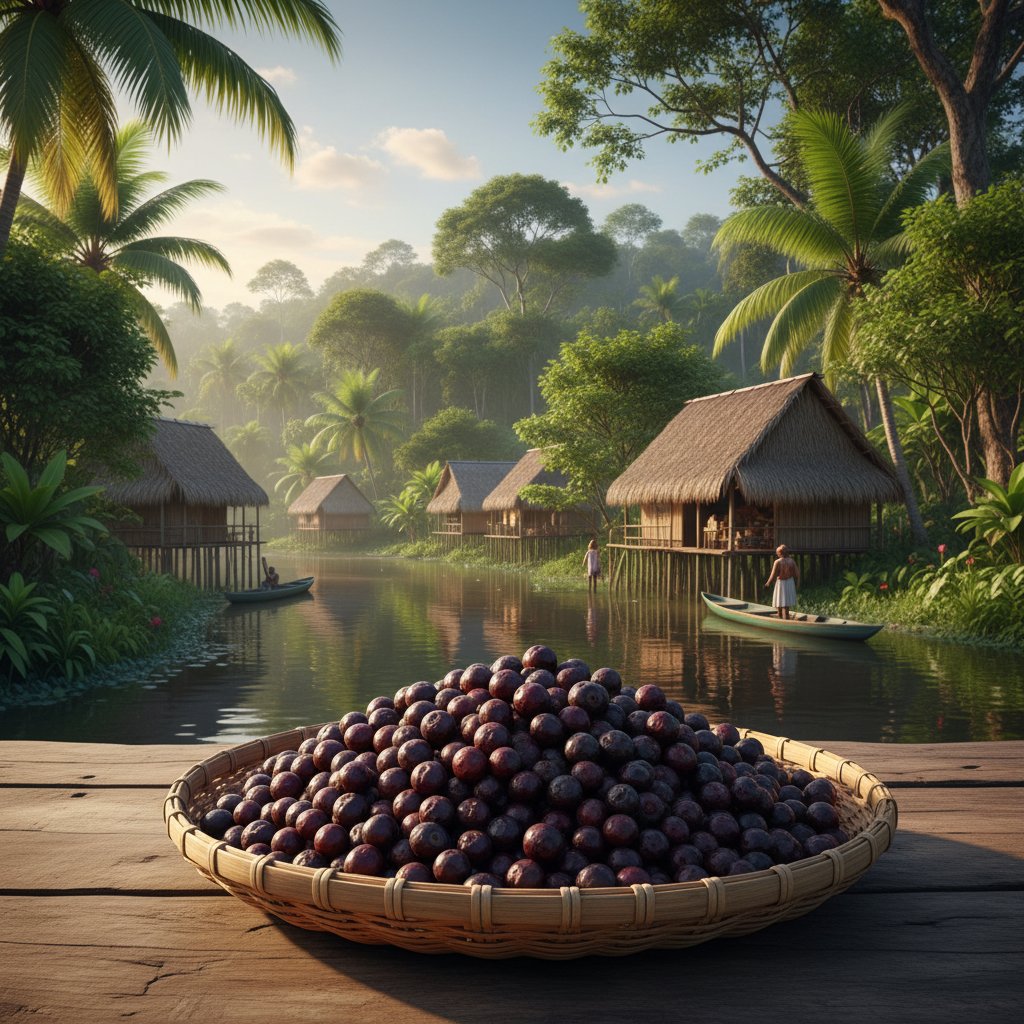 Jagody acai w amazońskim koszyku na tle tradycyjnej wioski – autentyczny klimat i lokalny kontekst