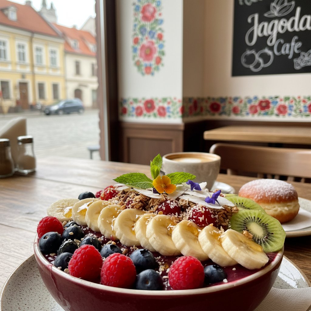 Kolorowa acai bowl w polskiej kawiarni, otoczona świeżymi owocami, symbol nowej mody żywieniowej